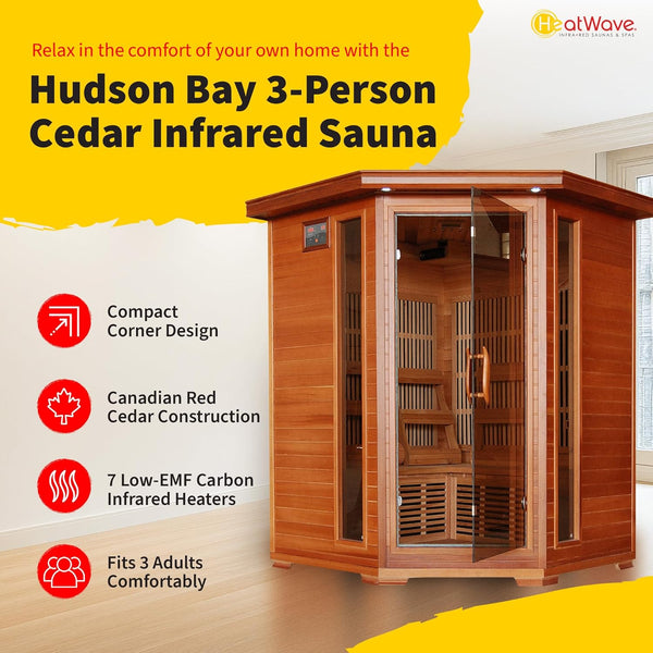 Hudson Bay 3-Person Cedar Corner Infrared Sauna - Experience Ultimate Relaxation with 7 Carbon Heaters