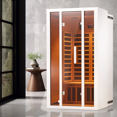 Experience Ultimate Relaxation: 2-Person Extendable FAR Infrared Sauna with Hemlock Wood, Low EMF Carbon Heaters, LED Lights, Bluetooth Speaker, and Digital Control Panel