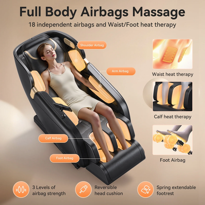 Massage Chair Built for Zero Gravity Relaxation, 4D Kneading, Heat Therapy, 40 Airbags, Bluetooth Control