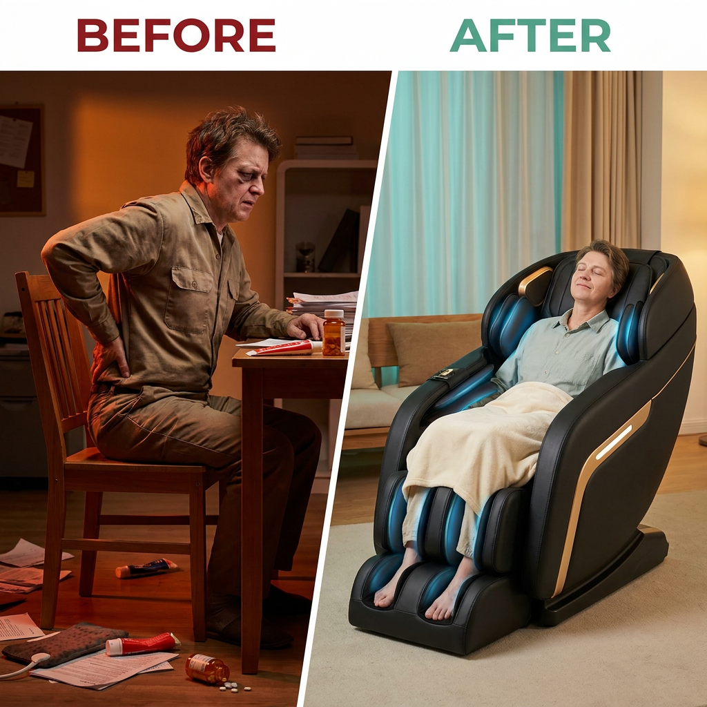 Massage Chair Designed for Full Body Relief, Zero Gravity Position, Heating Function, 5 Automatic Modes — Before & After