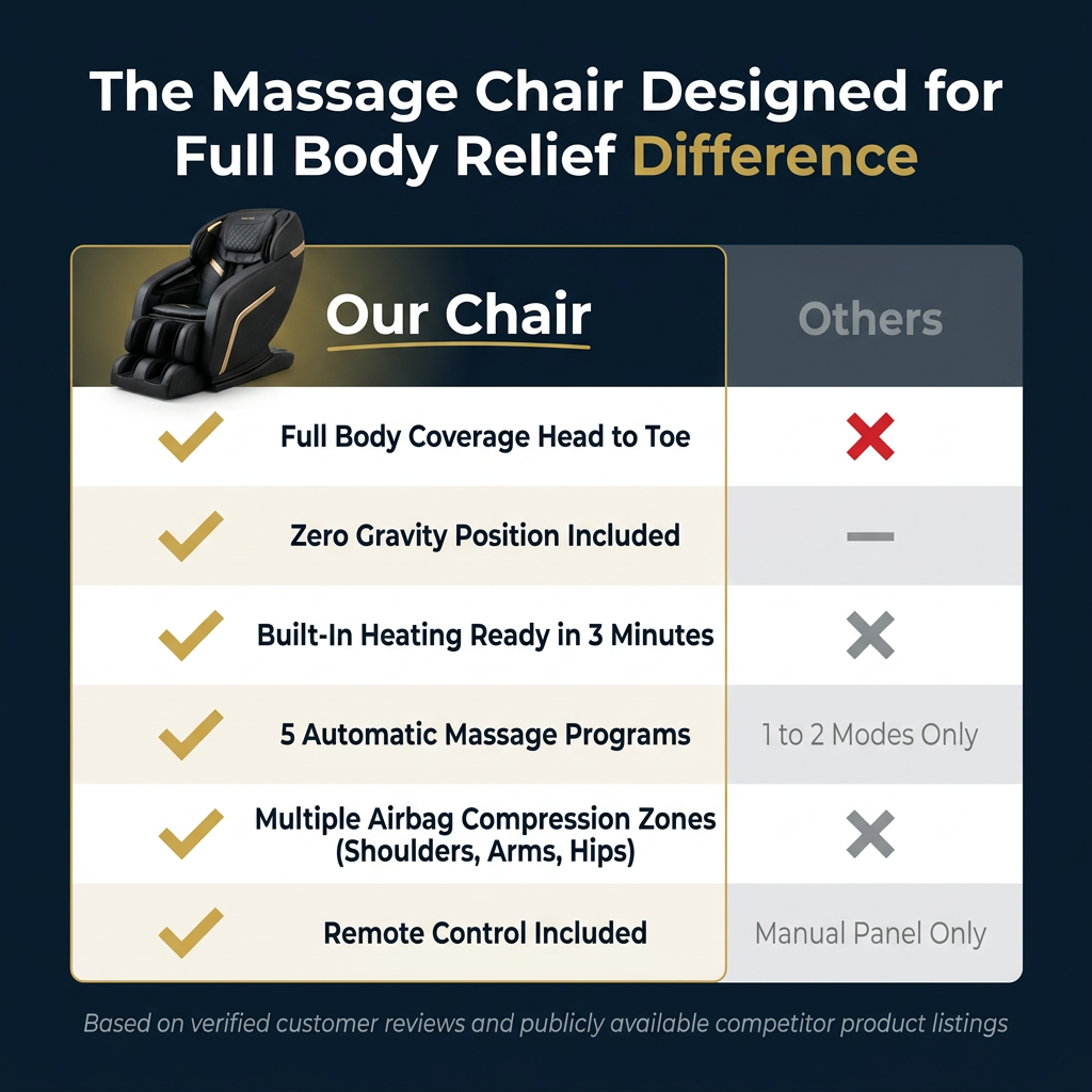 Massage Chair Designed for Full Body Relief, Zero Gravity Position, Heating Function, 5 Automatic Modes — Comparison