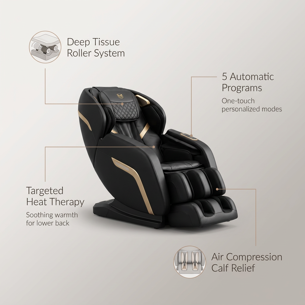 Massage Chair Designed for Full Body Relief, Zero Gravity Position, Heating Function, 5 Automatic Modes — infographic